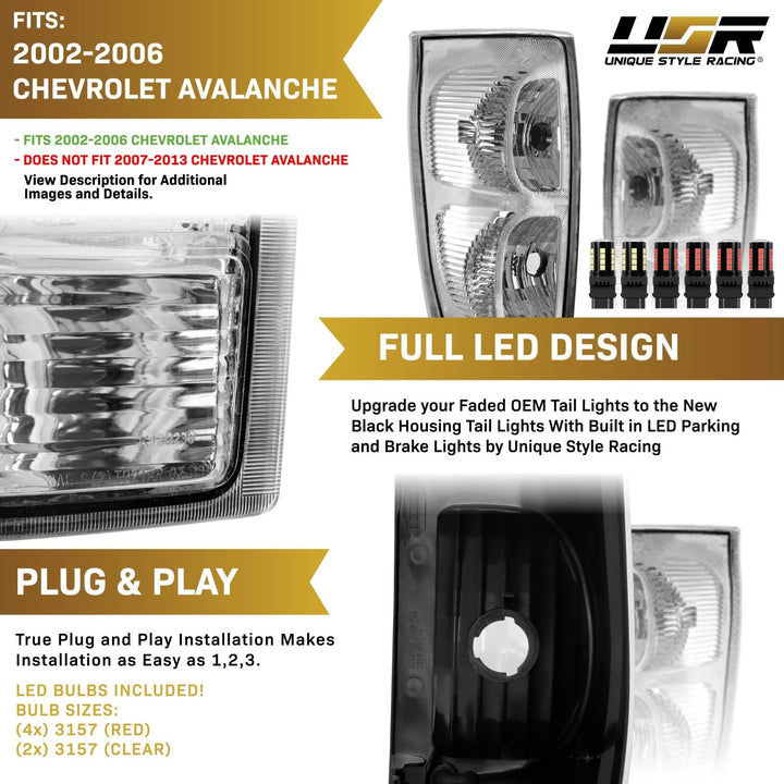 2002 - 2006 Chevy Chevrolet Avalanche Pickup Truck All Clear Lens Tail Lights