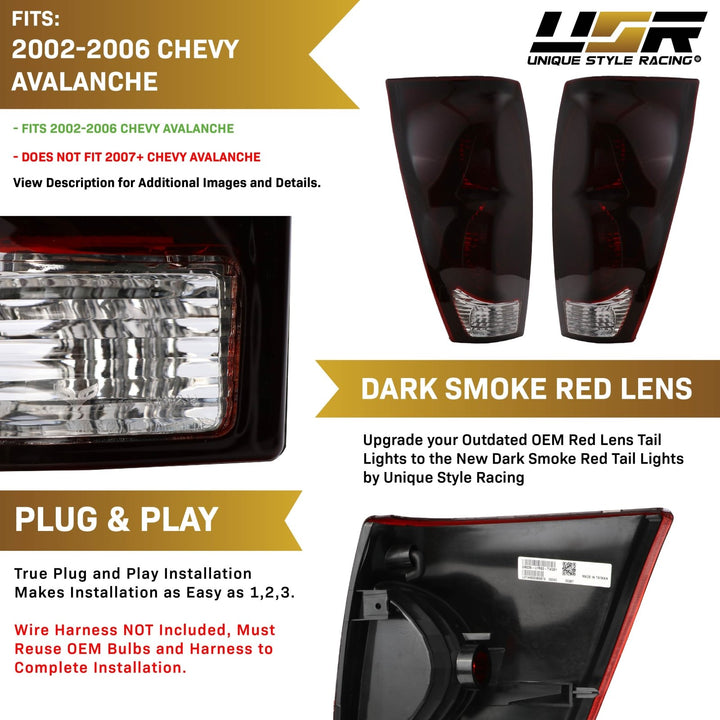 2002 - 2006 Chevy Chevrolet Avalanche Pickup Truck Dark Smoke Red Lens Tail Lights