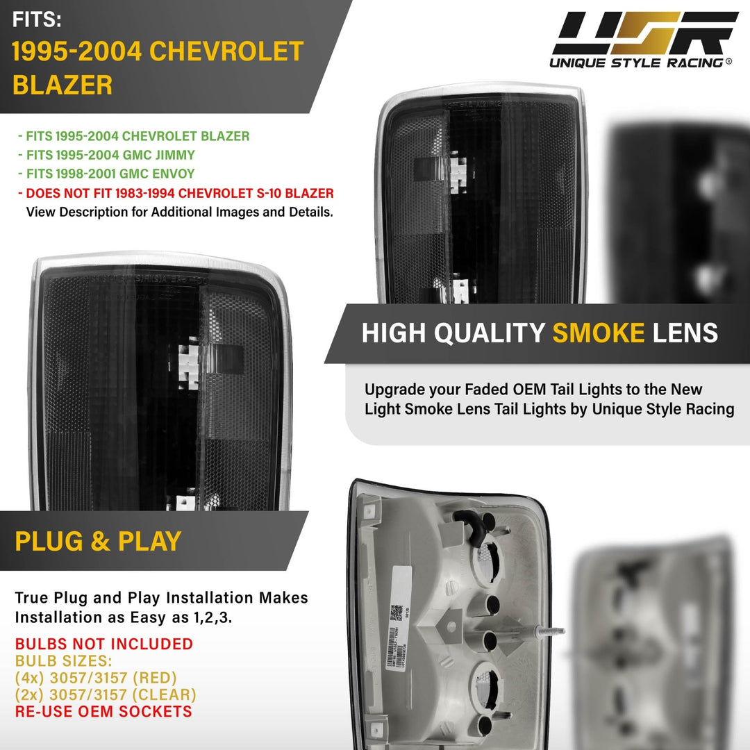 1995 - 2004 Chevrolet Chevy Blazer & GMC Jimmy, 1997 - 2001 Envoy EG Black Chrome Housing Smoke Lens Tail Lights
