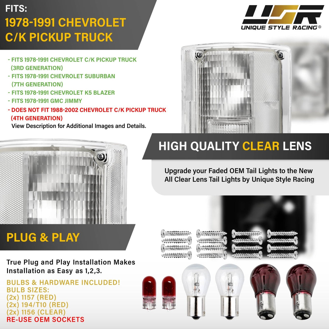 1978 - 1991 Chevy Chevrolet CK Truck All Clear Lens Tail Lights