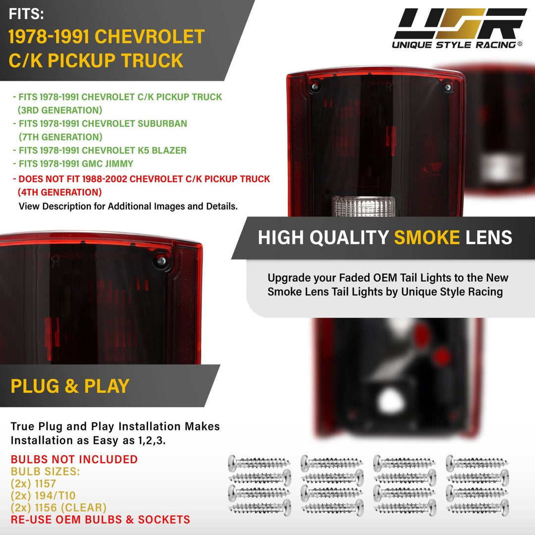 1978 - 1991 Chevy Chevrolet CK Truck Dark Red Smoked Lens Tail Lights