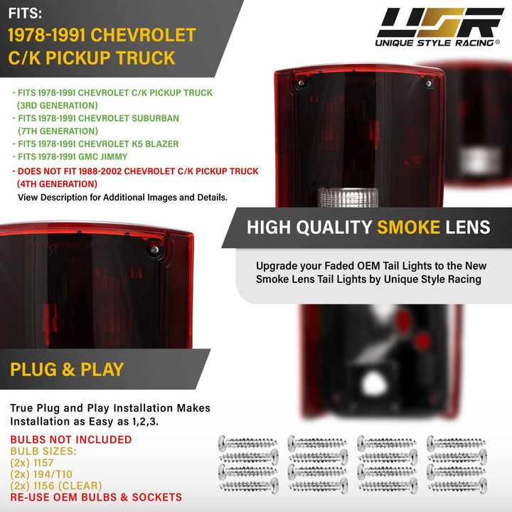 1978 - 1991 Chevy Chevrolet CK Truck Dark Red Smoked Lens Tail Lights