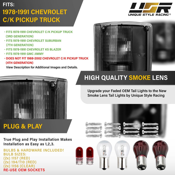 1978 - 1991 Chevy Chevrolet CK Truck Smoke Lens Tail Lights