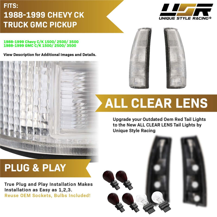 1988 - 2000 Chevy Chevrolet CK, Suburban, Blazer, Tahoe & GMC C/K, Suburban, Yukon & Cadillac Escalade Truck All Clear Lens Tail Lights
