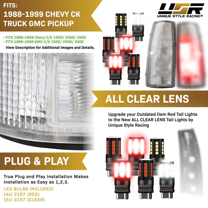 1988 - 2000 Chevy Chevrolet CK, Suburban, Blazer, Tahoe & GMC C/K, Suburban, Yukon & Cadillac Escalade Truck All Clear Lens Tail Lights