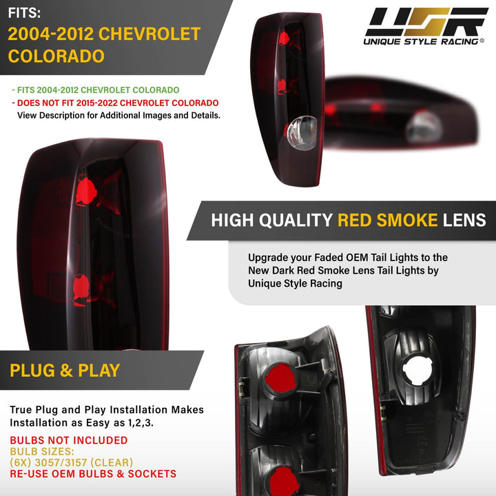 2004 - 2012 Chevrolet Chevy Colorado Dark Smoke Red Lens Tail Lights