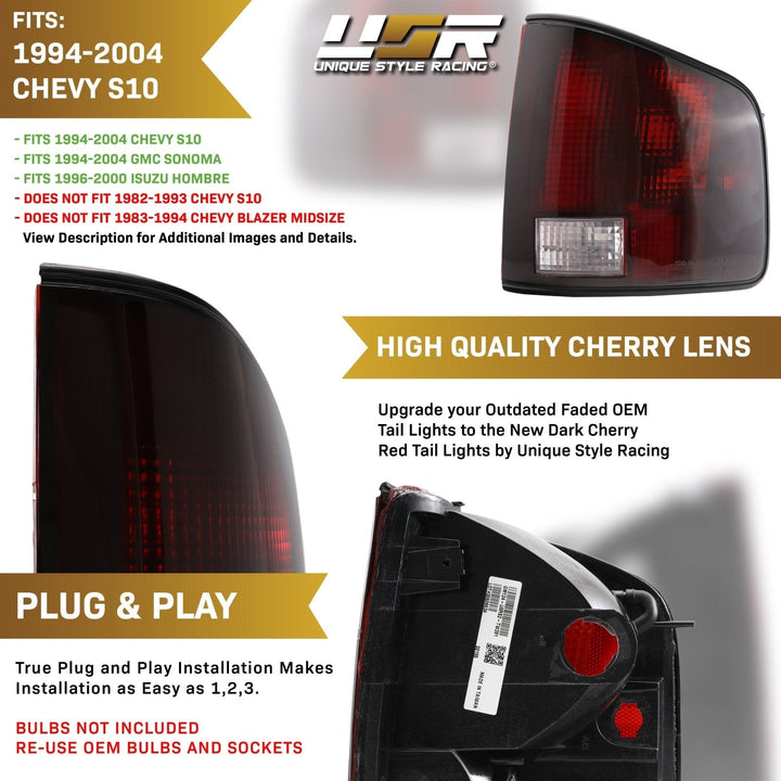 1994 - 2004 Chevrolet Chevy S - 10 Pick Up / GMC Sonoma & 1996 - 2000 Isuzu Hombre Dark Red Smoke Lens Tail Lights