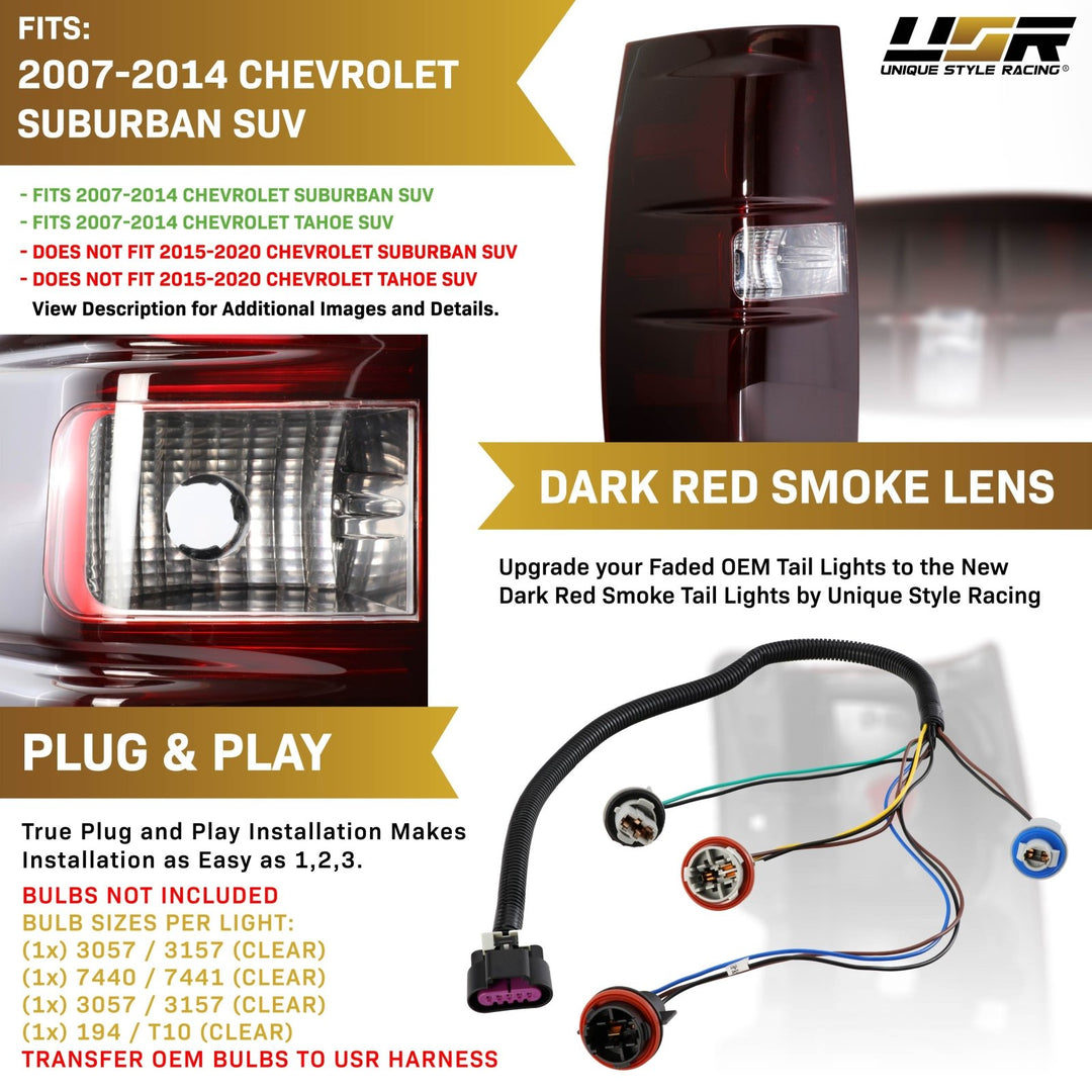2007-2014 Chevrolet Suburban & Tahoe Dark Smoke Red Lens Tail Lights