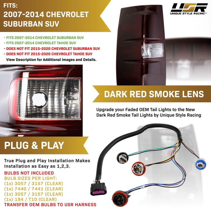 2007-2014 Chevrolet Suburban & Tahoe Dark Smoke Red Lens Tail Lights