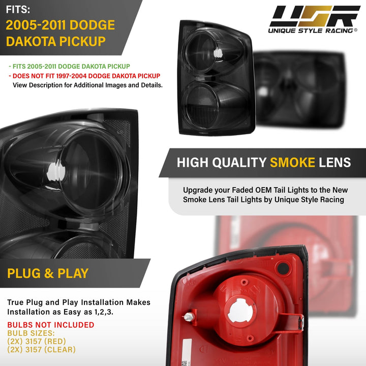 2005 - 2011 Dodge Dakota Pick Up Truck Black Chrome Housing Light Smoke Lens Tail Lights