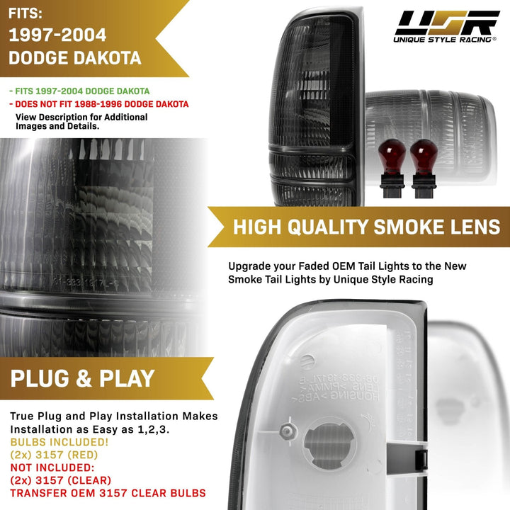 1998 - 2004 Dodge Dakota Pickup Truck Smoke Tail Lights