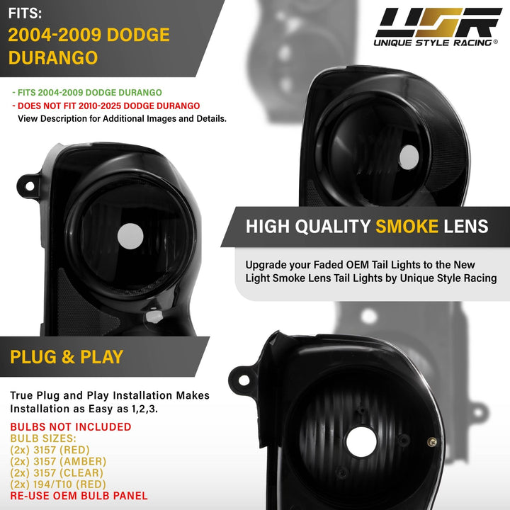 2004 - 2009 Dodge Durango Black Chrome Housing Light Smoke Lens Tail Lights