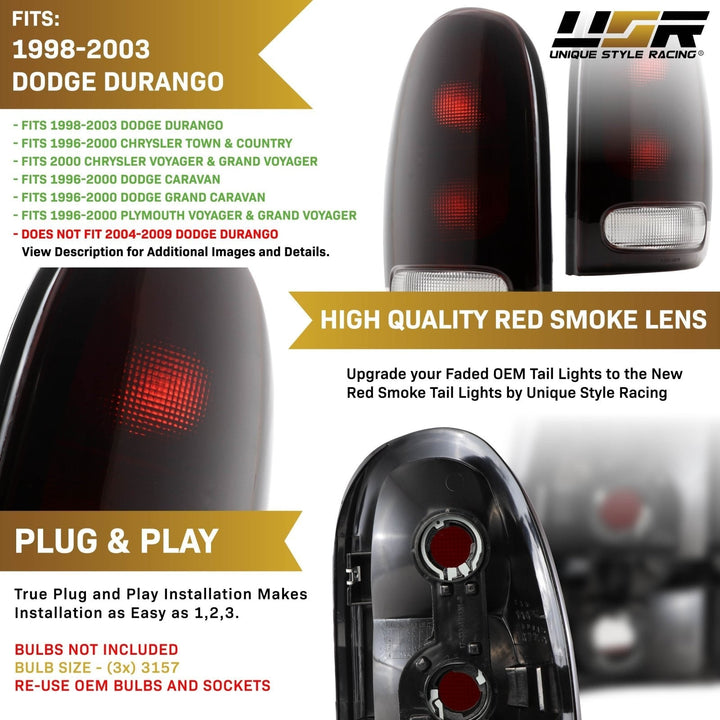 1998 - 2003 Dodge Durango & 1996 - 2000 Chrysler Grand Caravan / Caravan Dark Red Smoke Lens Tail Lights