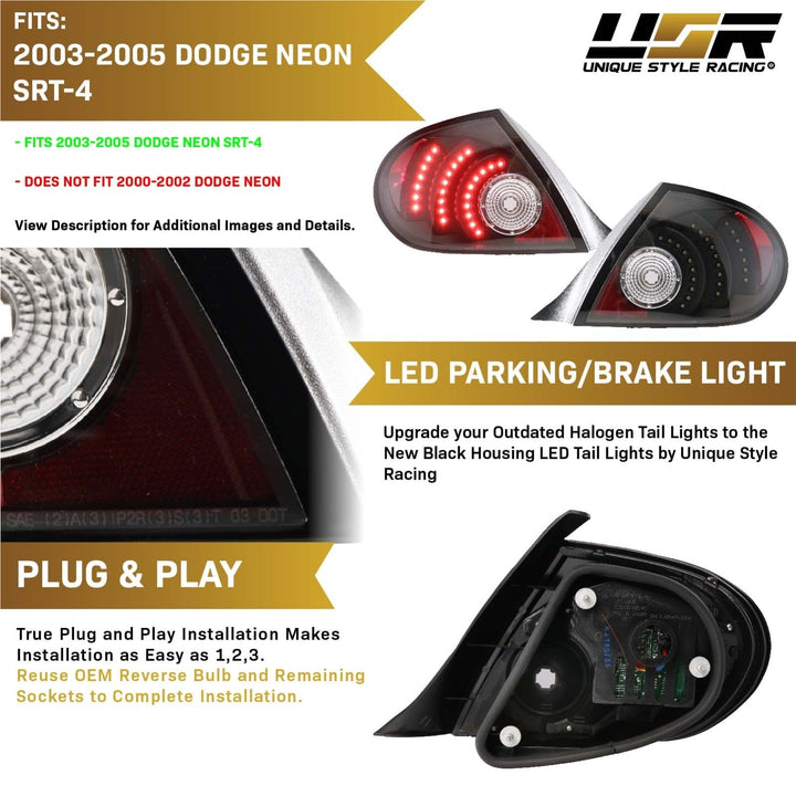 2003 - 2005 Dodge & Plymouth Neon 4D Sedan Black Housing Red LED Clear Lens Tail Light Set
