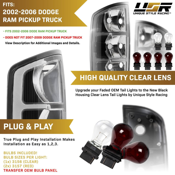 2002 - 2006 Dodge Ram Pick - Up Truck 1500 Glossy Black Housing All Clear Lens Tail Lights