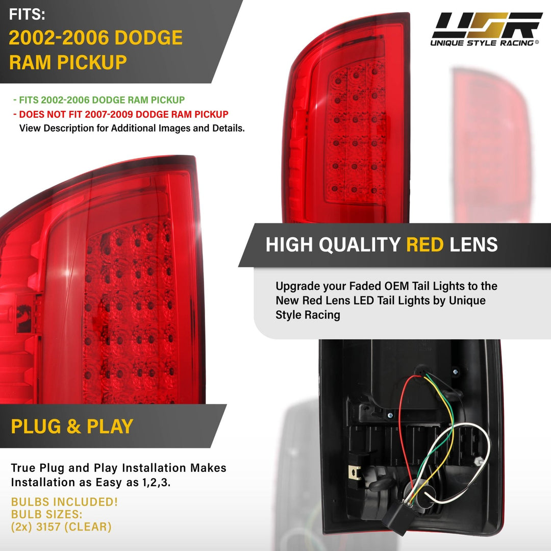 2002-2006 Dodge Ram Pick-Up Truck Red Clear Lens LED Tail Lights