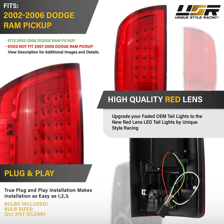 2002-2006 Dodge Ram Pick-Up Truck Red Clear Lens LED Tail Lights