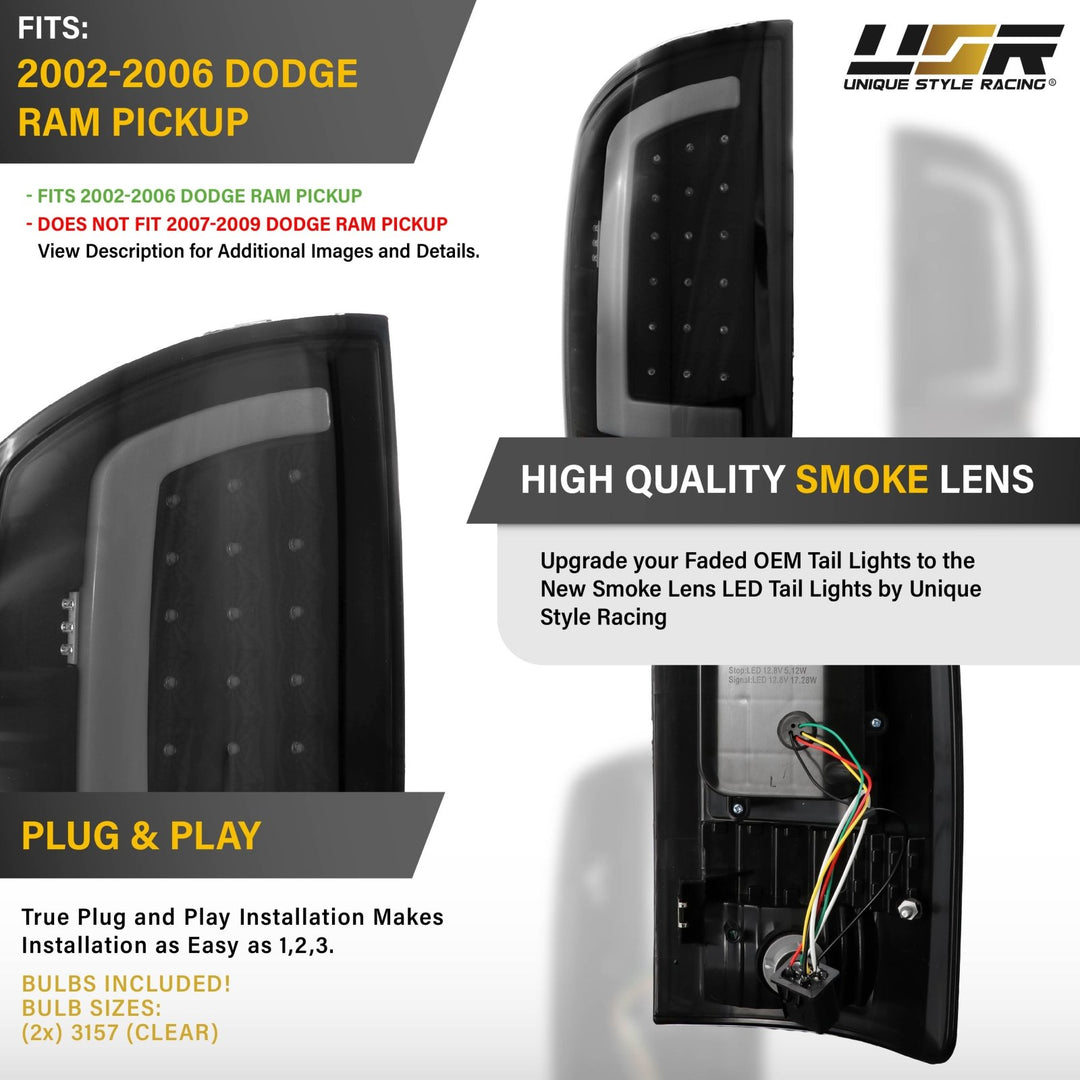 2002-2006 Dodge Ram Pick-Up Truck Smoke Lens LED Tail Lights