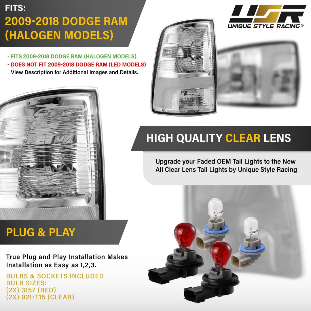 2009 - 2018 Dodge Ram Pick Up Halogen Model All Clear Lens Tail Lights