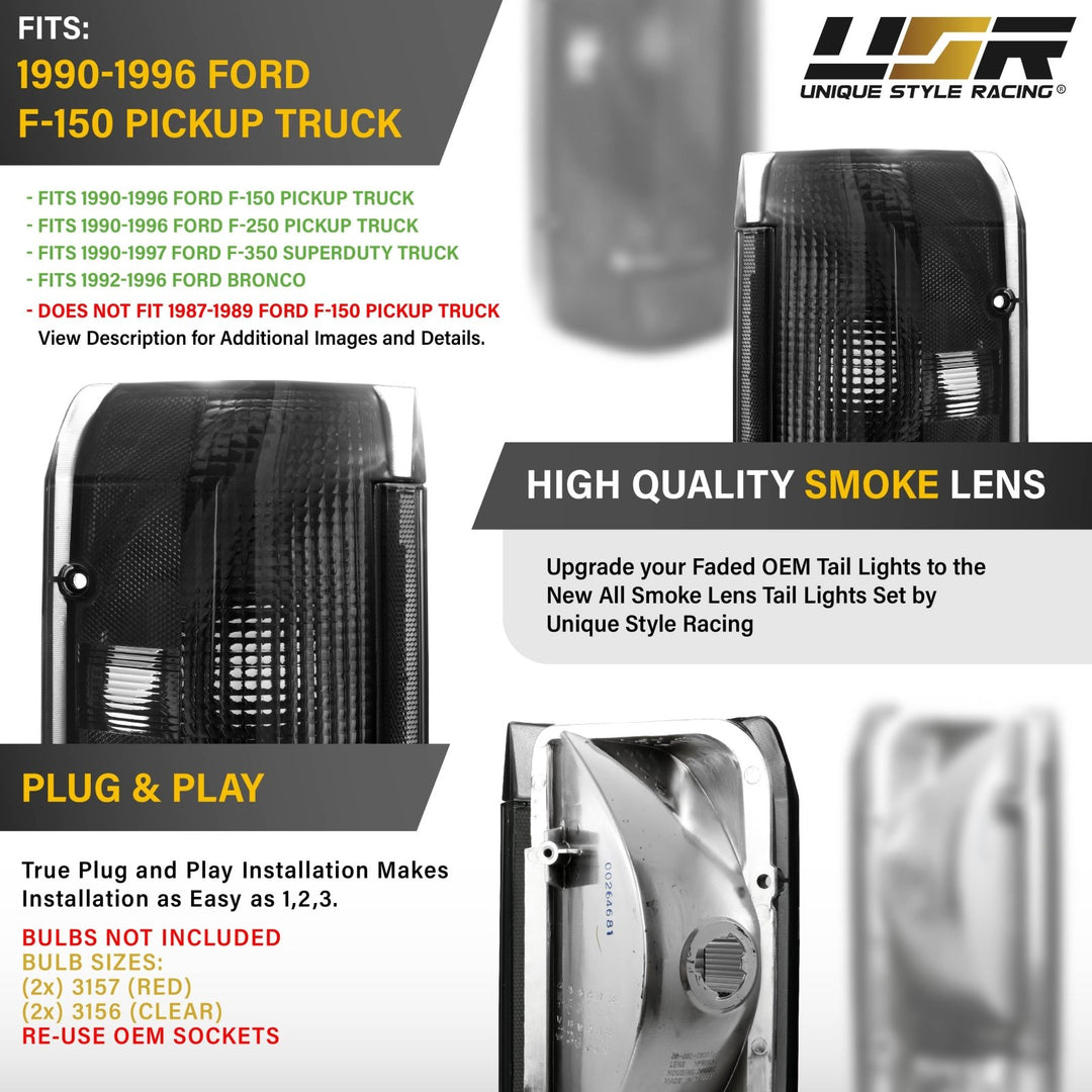 1992 - 1996 Ford F - 150, F - 250 & Bronco Smoke Lens Tail Lights