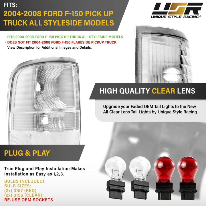 2004 - 2008 Ford F - 150 / F150 Euro Style All Clear Lens Tail Lights