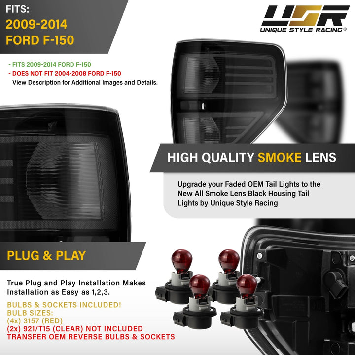 2009-2014 Ford F-150 Black Housing All Clear Lens Tail Lights