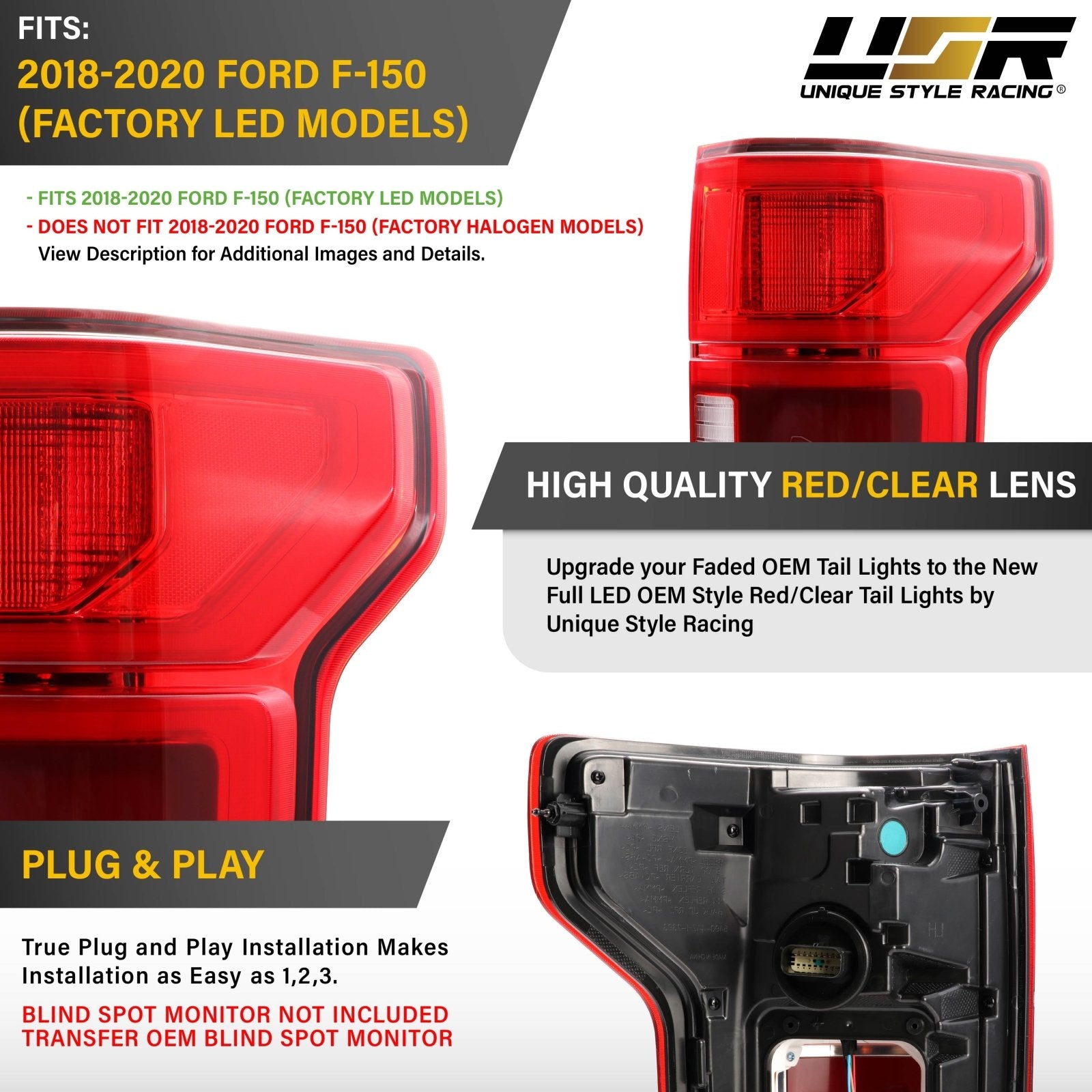 G-PLUS Left Driver Tail Light Assembly – For Ford F-150 Pickup 2018-2020, Chrome Housing, Direct Fit