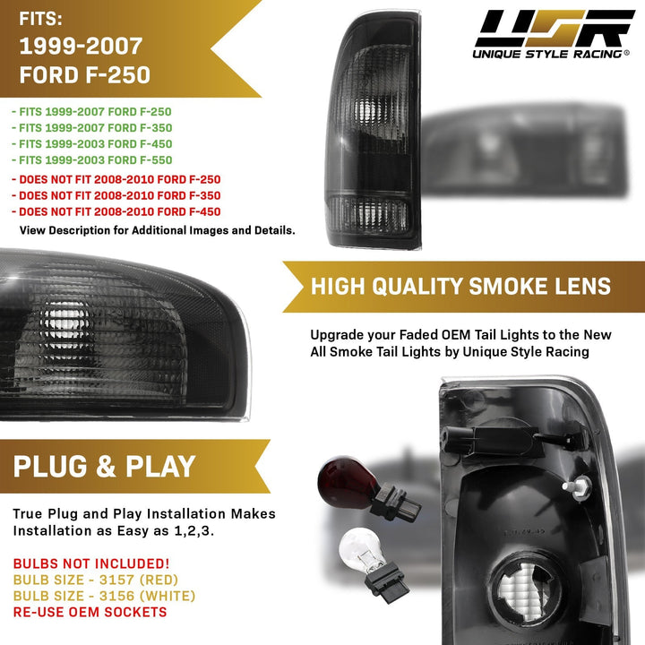 1997 - 2003 Ford F - 150 / F150 Pickup Truck & 1999 - 2007 Ford Super Duty Truck F250/F350/F450/F550 Smoke Lens Tail Lights