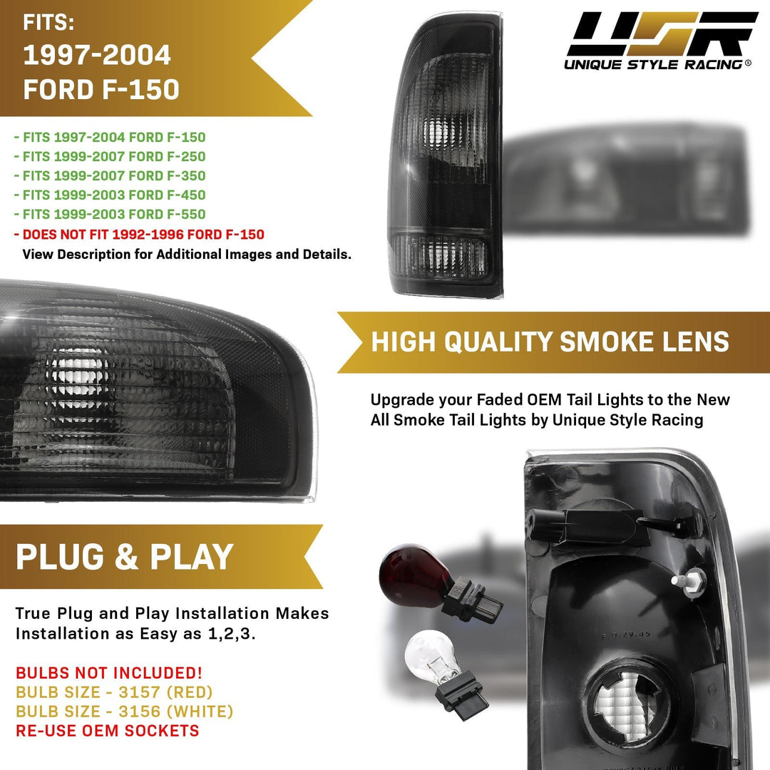 1997 - 2003 Ford F - 150 / F150 Pickup Truck & 1999 - 2007 Ford Super Duty Truck F250/F350/F450/F550 Smoke Lens Tail Lights