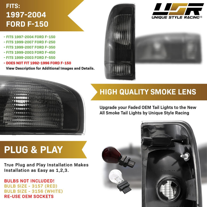 1997 - 2003 Ford F - 150 / F150 Pickup Truck & 1999 - 2007 Ford Super Duty Truck F250/F350/F450/F550 Smoke Lens Tail Lights