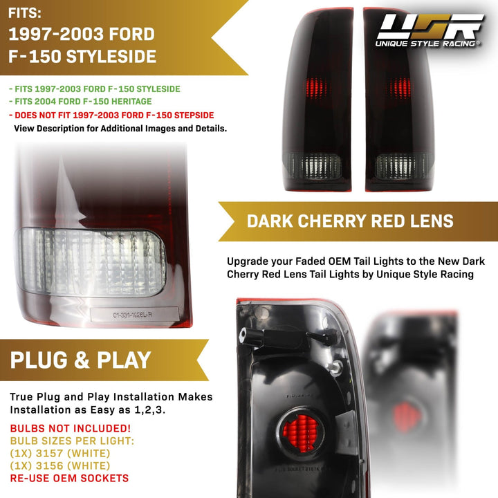 1997-2003 Ford F-150 & 1999-2007 F-250 / F-350 / F-450 / F-550 Super Duty Truck Dark Red Smoke Lens Tail Lights