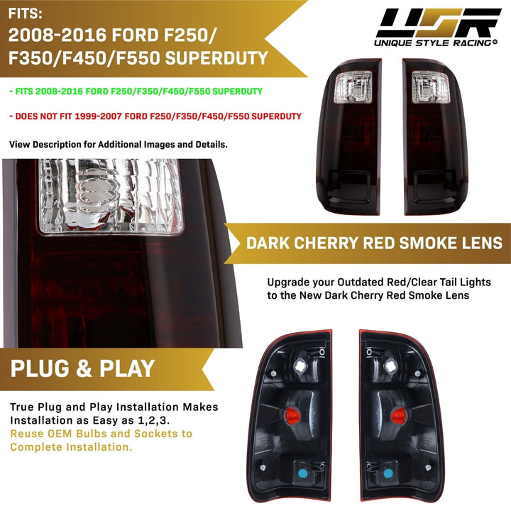 2008 - 2016 Ford F250 F350 Super Duty Truck Red Smoked Tail Light