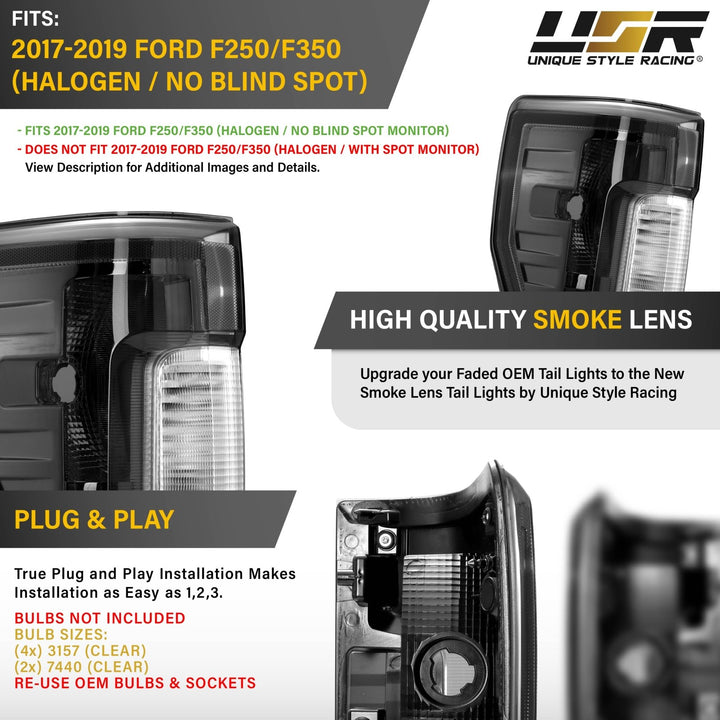2017 - 2019 Ford F - 250 & F - 350 Black / Smoke Lens Halogen Tail Lights
