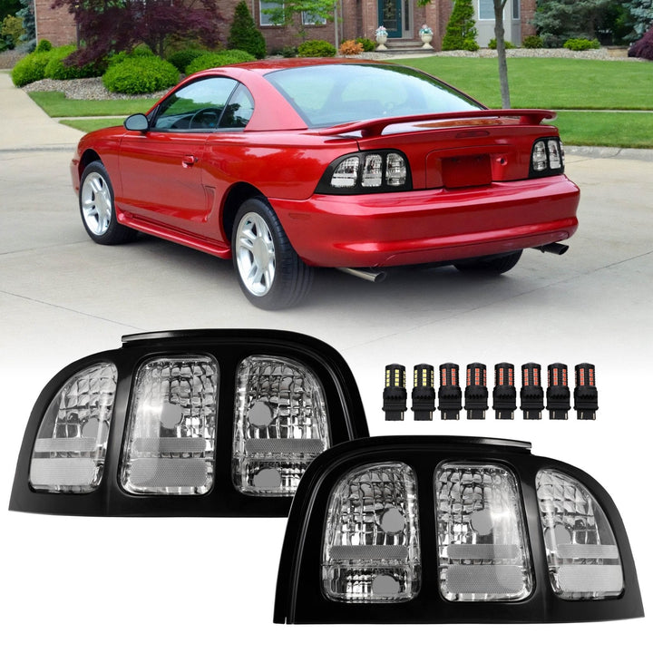 1996 - 1998 Ford Mustang Black Trim All Clear Lens Tail Lights