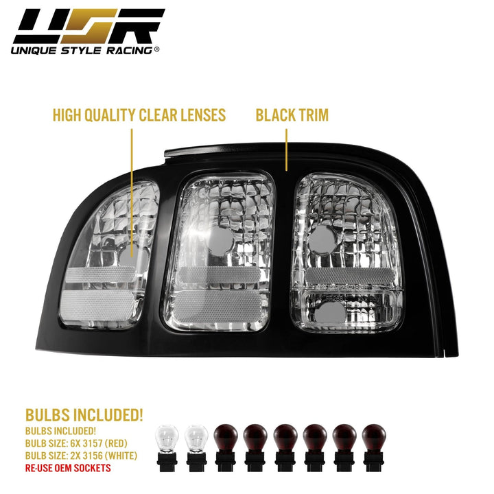 1996 - 1998 Ford Mustang Black Trim All Clear Lens Tail Lights