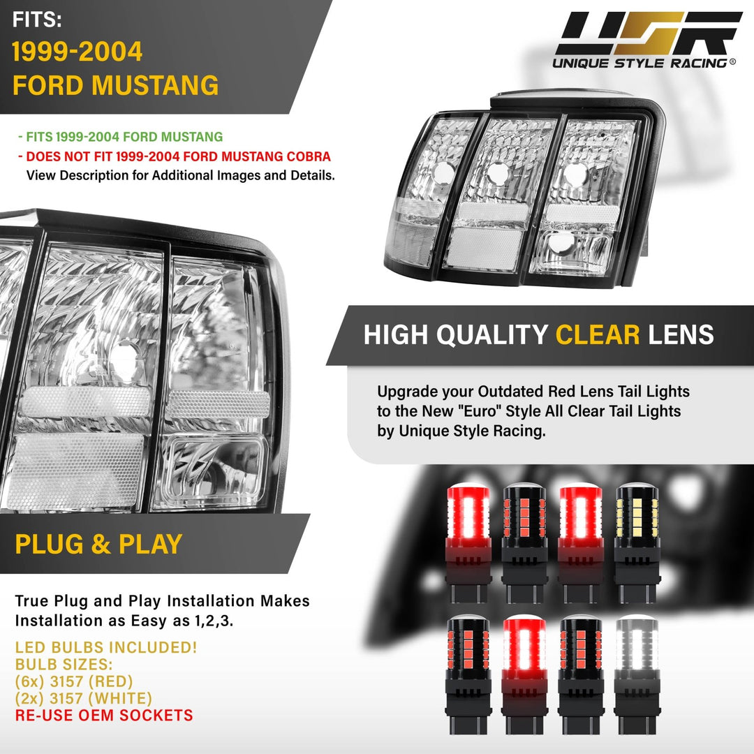 1999 2000 2001 2002 2003 2004 Ford Mustang V6 GT New Edge All Clear Lens Euro Style Tail Light Plus Sequential Wire Harness with Relay & Canbus LED Bulbs

#optional-items_tail-light-with-led-bulbs
