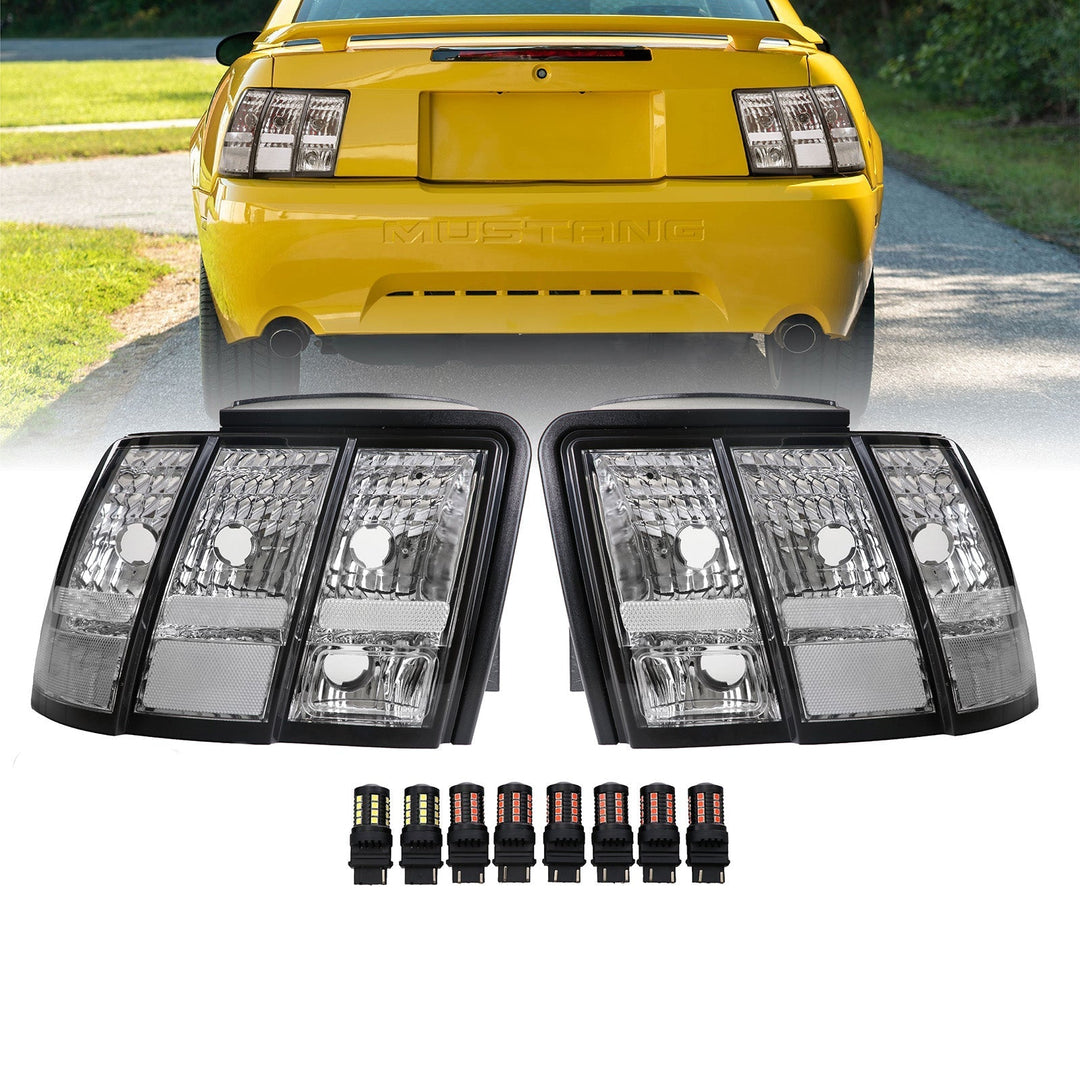 1992 - 2004 Ford Mustang V6 GT New Edge All Clear Euro Style Tail Light Plus Sequential Wire Harness with Relay & Canbus LED Bulbs