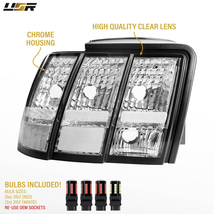 1999 2000 2001 2002 2003 2004 Ford Mustang V6 GT New Edge All Clear Lens Euro Style Tail Light Plus Sequential Wire Harness with Relay & Canbus LED Bulbs

#optional-items_tail-light-with-led-bulbs