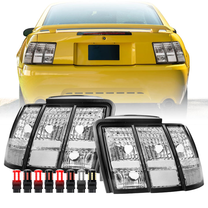 1999 2000 2001 2002 2003 2004 Ford Mustang V6 GT New Edge All Clear Lens Euro Style Tail Light Plus Sequential Wire Harness with Relay & Canbus LED Bulbs

#optional-items_tail-light-with-led-bulbs