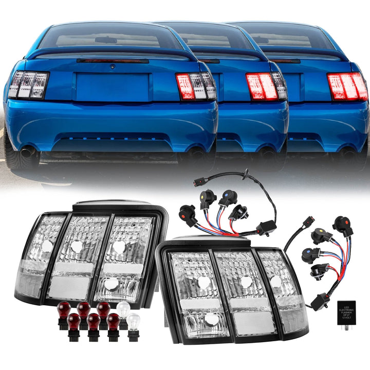 1999 2000 2001 2002 2003 2004 Ford Mustang V6 GT New Edge All Clear Lens Euro Style Tail Light Plus Sequential Wire Harness with Relay & Canbus LED Bulbs

#optional-items_tail-light-with-sequential-wire-harness-and-relay