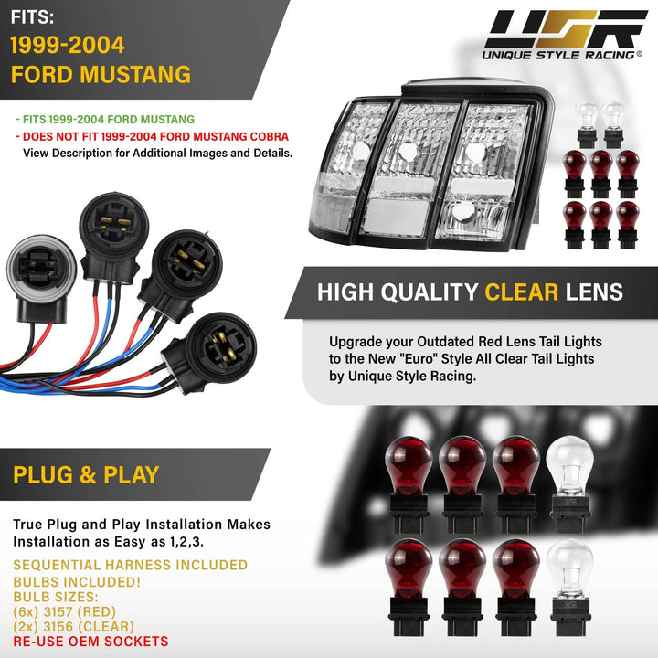 1999 2000 2001 2002 2003 2004 Ford Mustang V6 GT New Edge All Clear Lens Euro Style Tail Light Plus Sequential Wire Harness with Relay & Canbus LED Bulbs

#optional-items_tail-light-with-sequential-wire-harness-and-relay