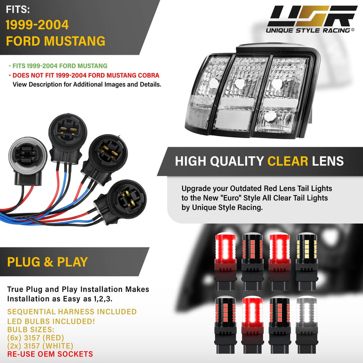1999 2000 2001 2002 2003 2004 Ford Mustang V6 GT New Edge All Clear Lens Euro Style Tail Light Plus Sequential Wire Harness with Relay & Canbus LED Bulbs

#optional-items_tail-light-plus-led-bulbs-and-sequential-wire-harness-with-relay