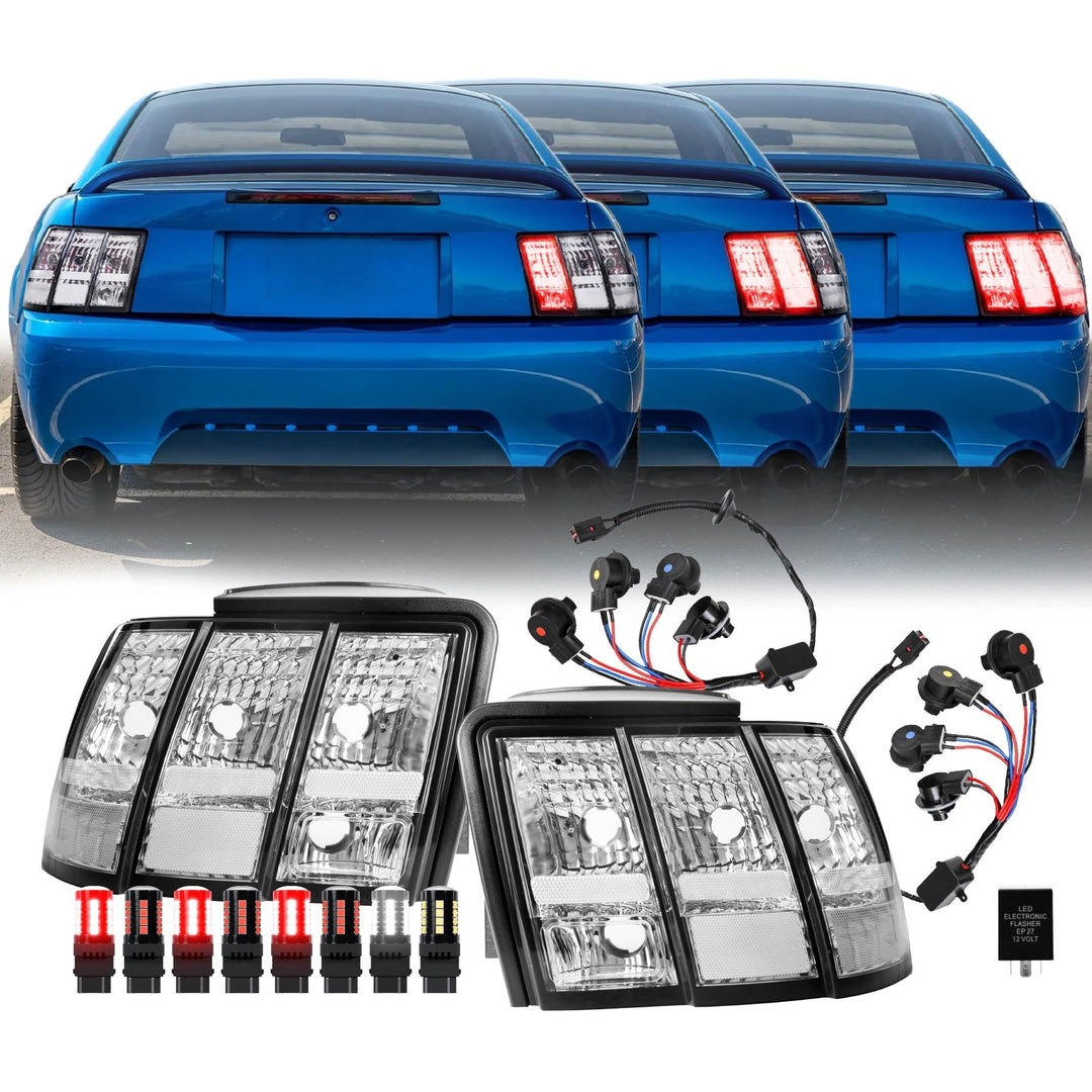 1999 2000 2001 2002 2003 2004 Ford Mustang V6 GT New Edge All Clear Lens Euro Style Tail Light Plus Sequential Wire Harness with Relay & Canbus LED Bulbs

#optional-items_tail-light-plus-led-bulbs-and-sequential-wire-harness-with-relay