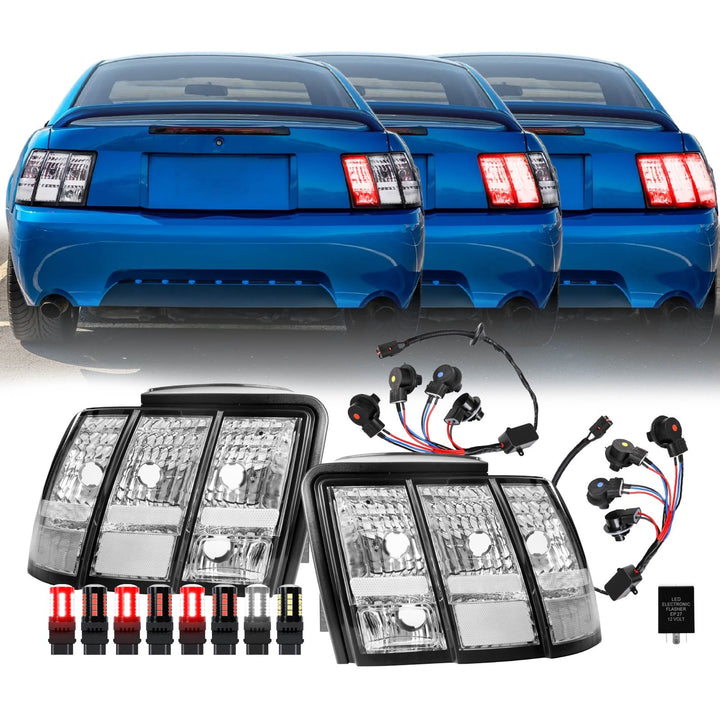 1999 2000 2001 2002 2003 2004 Ford Mustang V6 GT New Edge All Clear Lens Euro Style Tail Light Plus Sequential Wire Harness with Relay & Canbus LED Bulbs

#optional-items_tail-light-plus-led-bulbs-and-sequential-wire-harness-with-relay