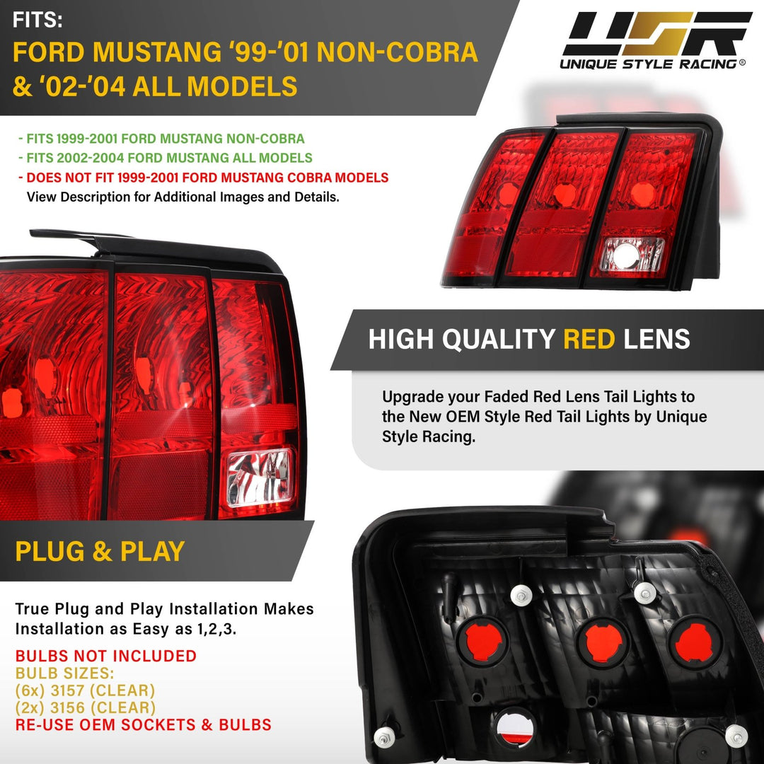 1999-2001 Ford Mustang Red Lens AM Replacement Tail Lights