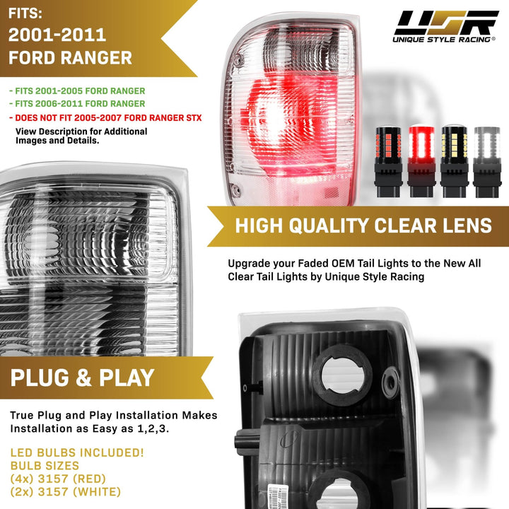 2001-2011 Ford Ranger Pickup All Clear Lens Tail Lights