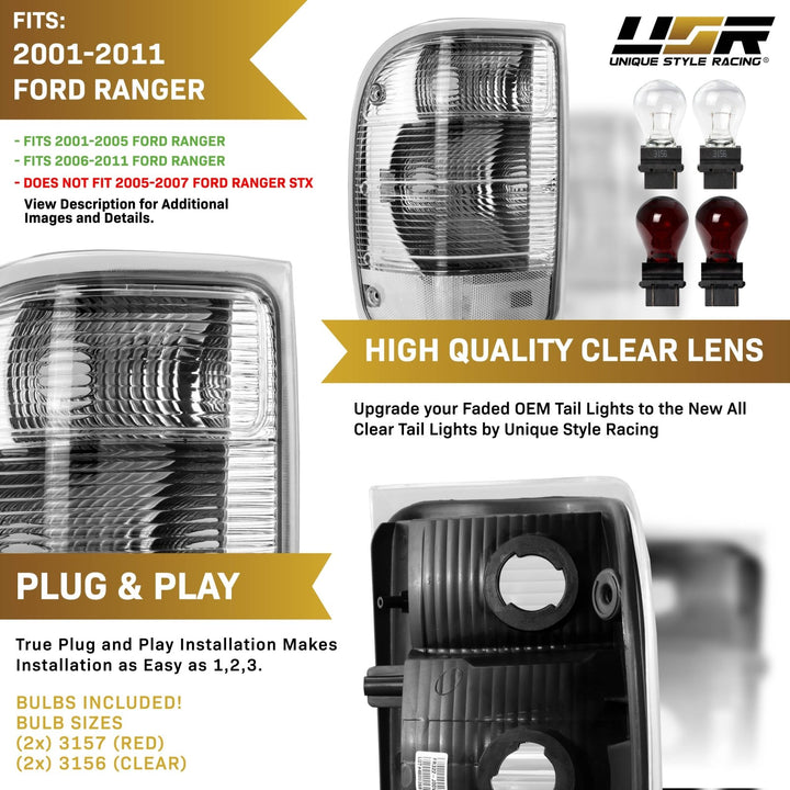 2001-2011 Ford Ranger Pickup All Clear Lens Tail Lights