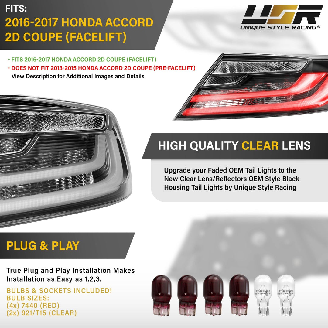 2016 2017 Honda Accord 2D Coupe Black Housing All Clear Lens Tail Lights

#light-source_incandescent