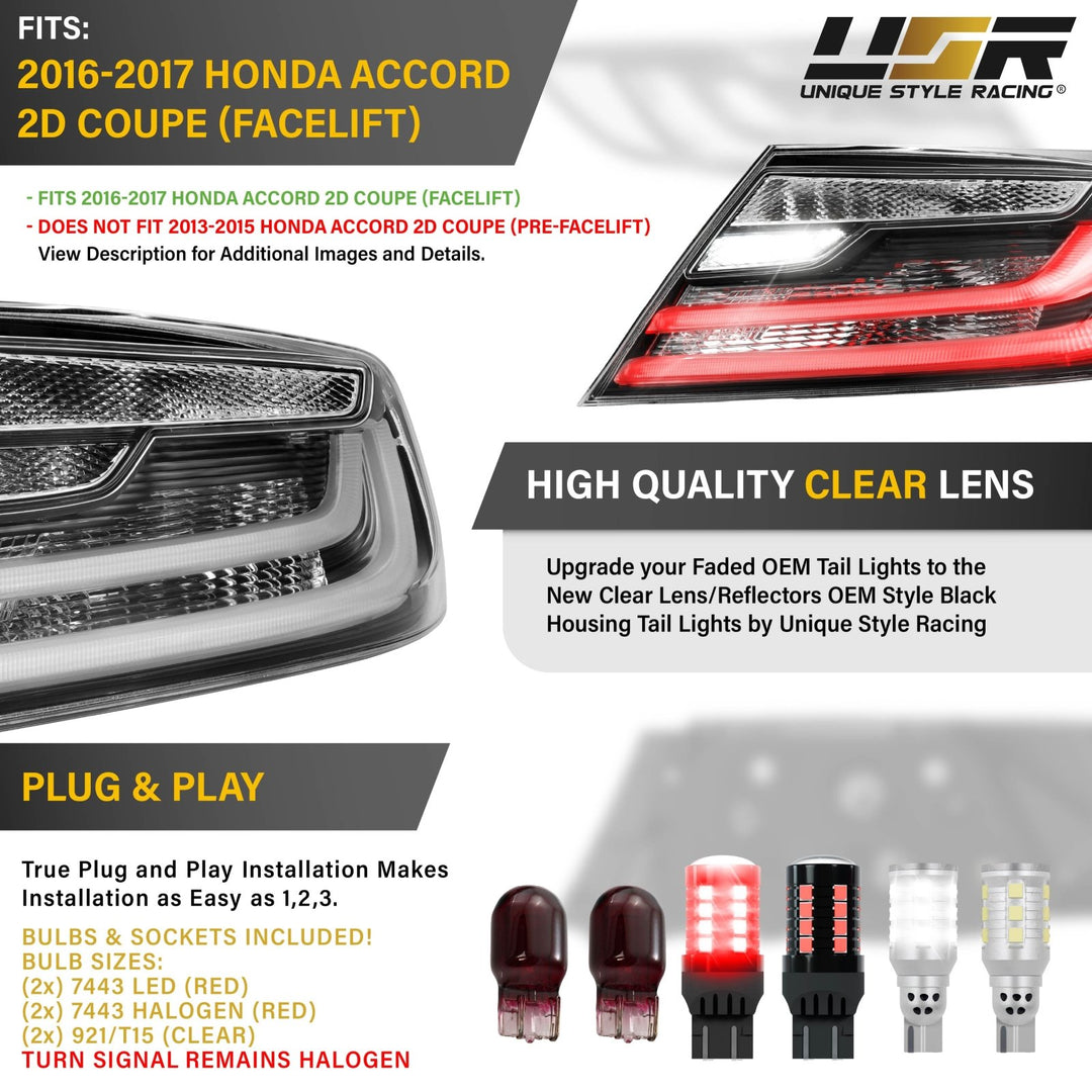2016 2017 Honda Accord 2D Coupe Black Housing All Clear Lens Tail Lights

#light-source_led