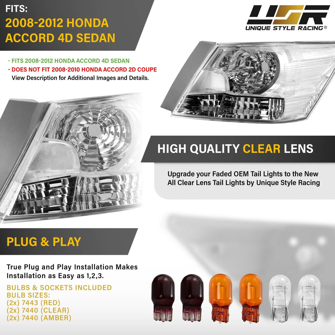 2008 - 2010 Honda Accord 4D Sedan All Clear Lens Tail Lights